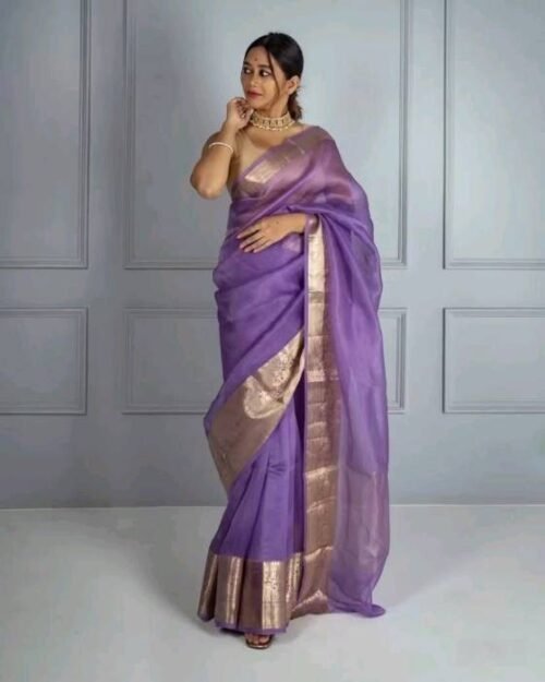 CM559 Solid Kora Organza Saree - Image 4