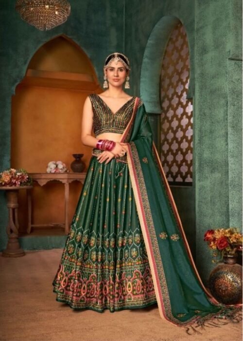 NEW EXCLUSIVE PRINTED SEMI STITCHED PURE RERA SILK LEHENGA CHOLI MULTI COLOR - Image 4