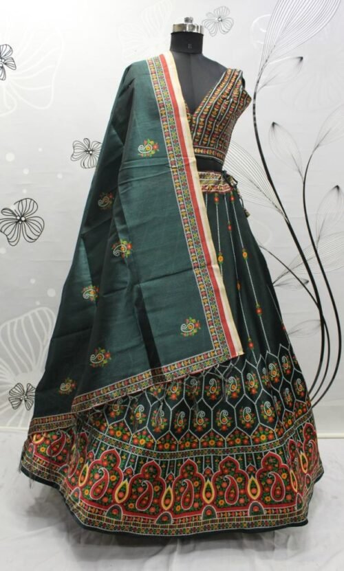 NEW EXCLUSIVE PRINTED SEMI STITCHED PURE RERA SILK LEHENGA CHOLI MULTI COLOR - Image 3