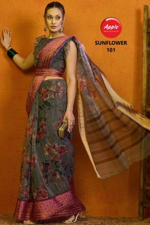 Sunflower Organza Gold Line saree - Image 6