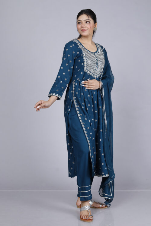 Rayon Embroidered Naira Cut Kurti 3 pcs Set - Image 2