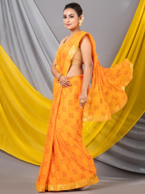 Yellow Geometric Print Chiffon Saree - Image 2