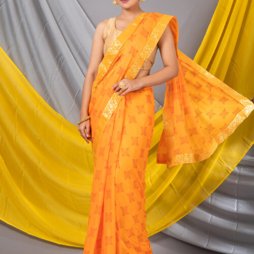 Yellow Geometric Print Chiffon Saree