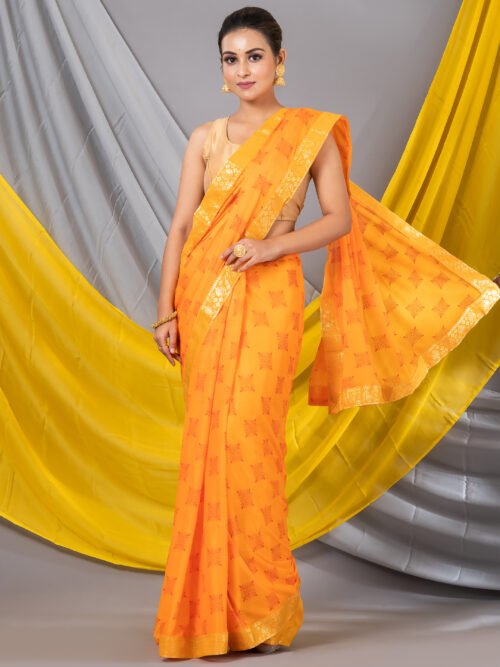 Yellow geometric print chiffon saree