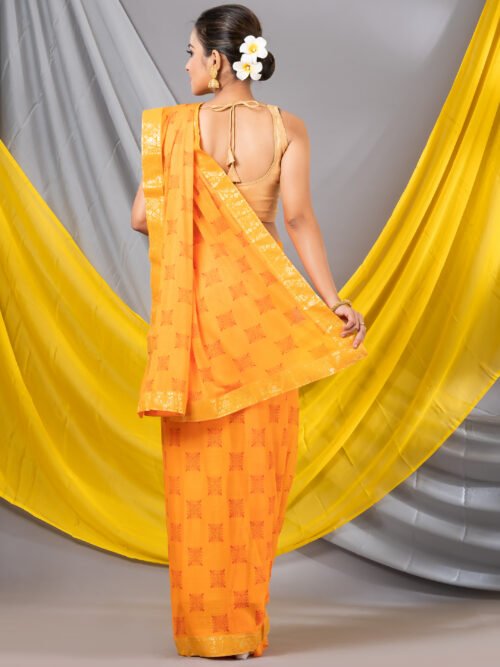 Yellow Geometric Print Chiffon Saree - Image 3