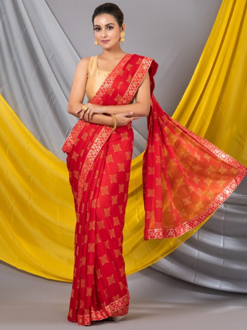 Red geometric print chiffon saree