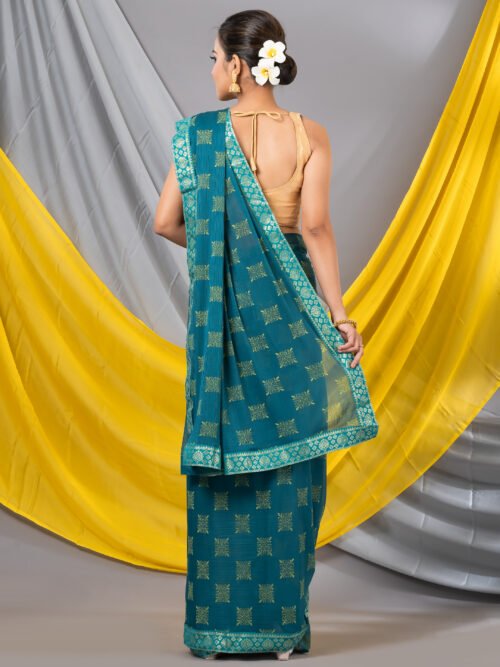 Sea Green Geometric Print Chiffon Saree - Image 3