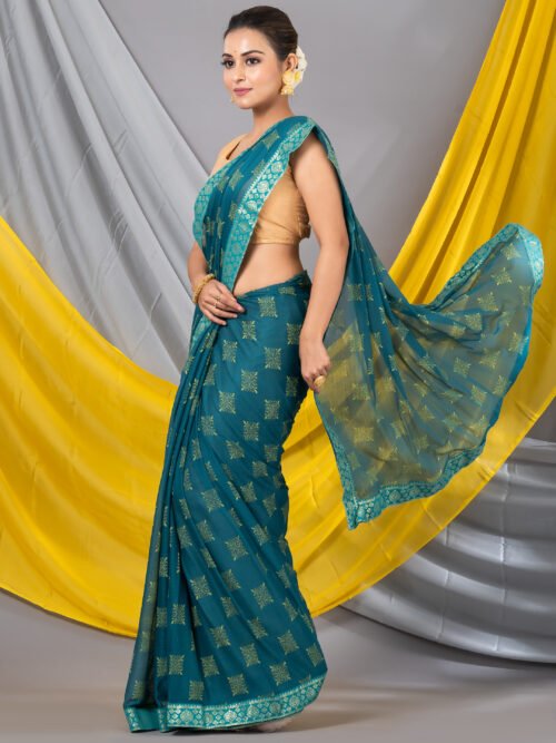 Sea Green Geometric Print Chiffon Saree - Image 2