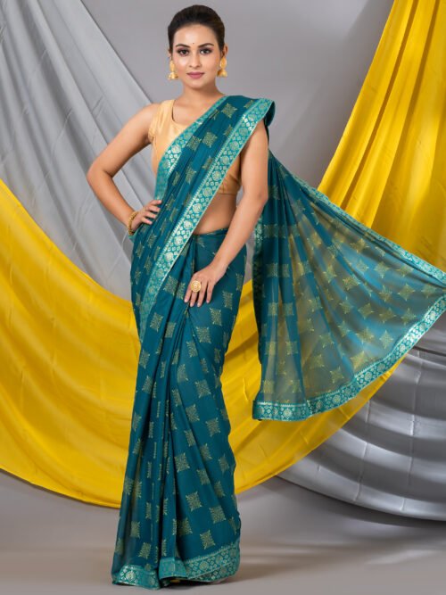 Sea Green Geometric Print Chiffon Saree