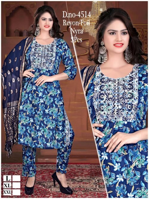 WOMEN'S 3PC SET KURTI. PANT DUPATTA NAYRA CUT WITH FOIL PRINT - Image 4