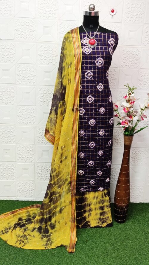 Pure Cotton Hand Bandhej Dress Material with Bottom & Dupatta - Image 3