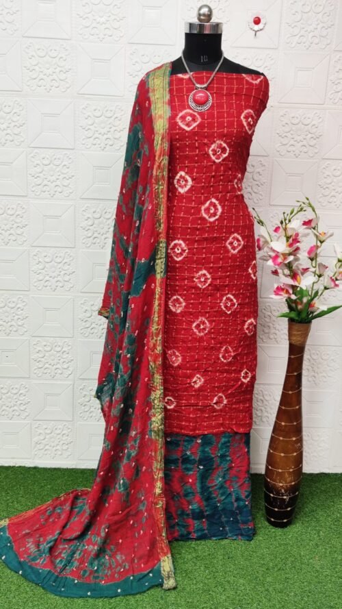 Pure Cotton Hand Bandhej Dress Material with Bottom & Dupatta - Image 9