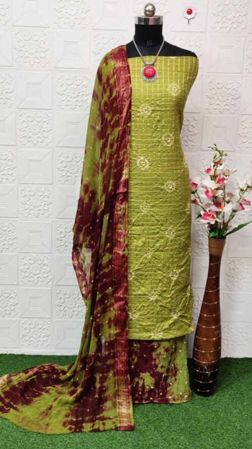 Pure Cotton Hand Bandhej Dress Material with Bottom & Dupatta - Image 10