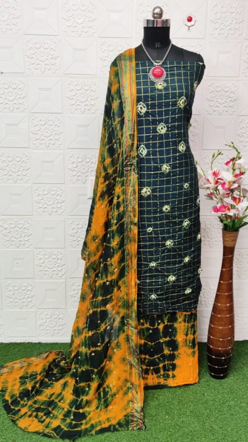 Pure Cotton Hand Bandhej Dress Material with Bottom & Dupatta - Image 5