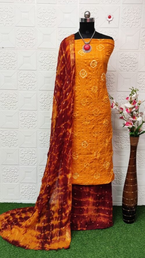 Pure Cotton Hand Bandhej Dress Material with Bottom & Dupatta