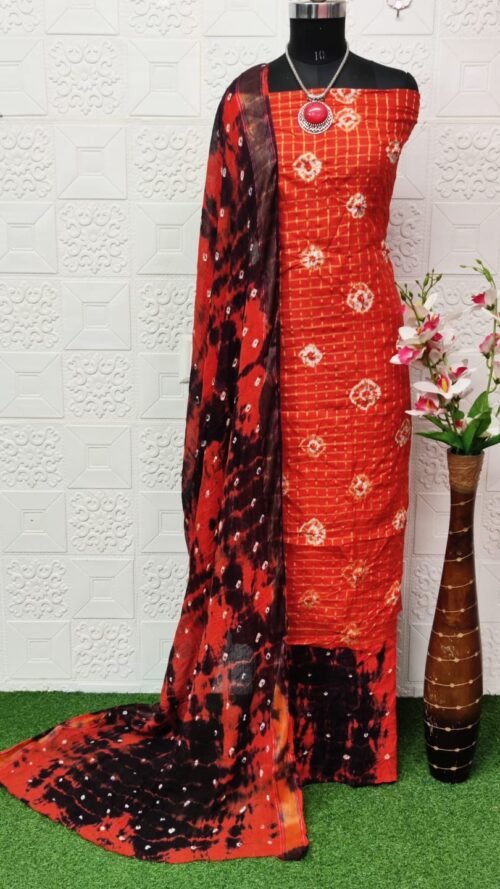 Pure Cotton Hand Bandhej Dress Material with Bottom & Dupatta - Image 6