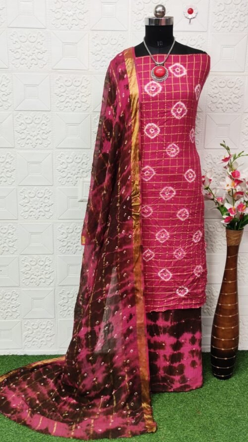 Pure Cotton Hand Bandhej Dress Material with Bottom & Dupatta - Image 8