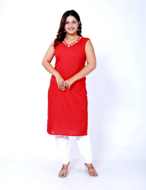 Rayon neck embroidered sleeveless Kurti -Red - 628 - Image 3