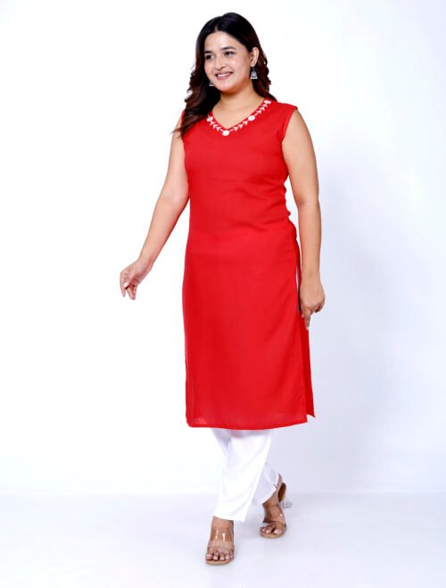 Rayon neck embroidered sleeveless Kurti -Red - 628 - Image 2