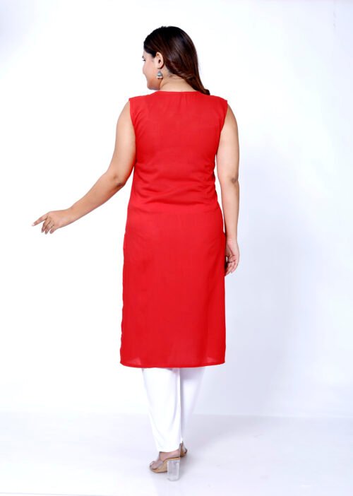 Rayon neck embroidered sleeveless Kurti -Red - 628 - Image 5