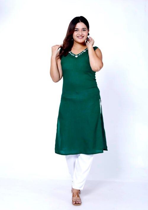 Rayon neck embroidered sleeveless Kurti -Green - 629 - Image 2