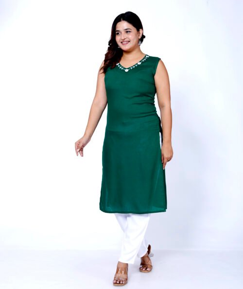 Rayon neck embroidered sleeveless Kurti -Green - 629 - Image 3