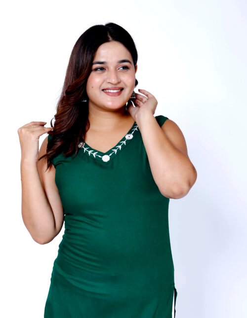 Rayon neck embroidered sleeveless Kurti -Green - 629 - Image 4