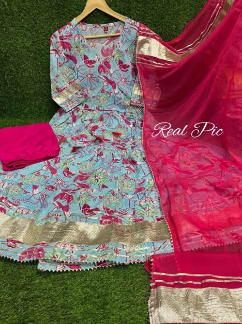 Anarkali Flaired kurti with 💞pant & Nazmin dupatta with all lace - Image 3