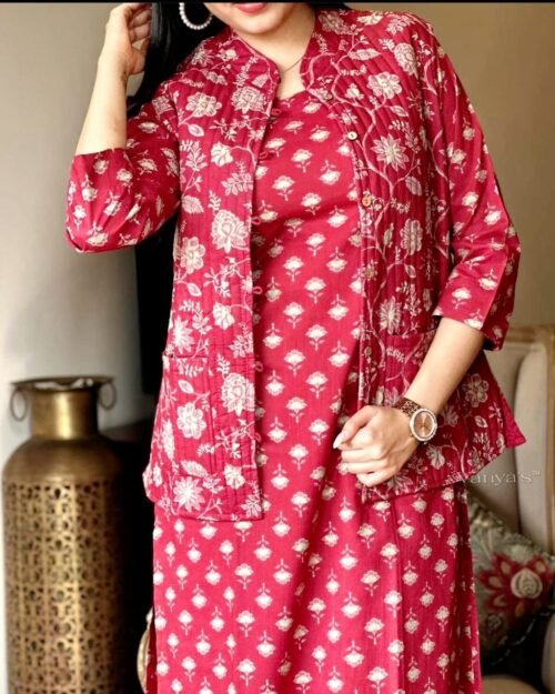 Winter collection of cotton kurti pant set with quilted cotton jacket - Image 6