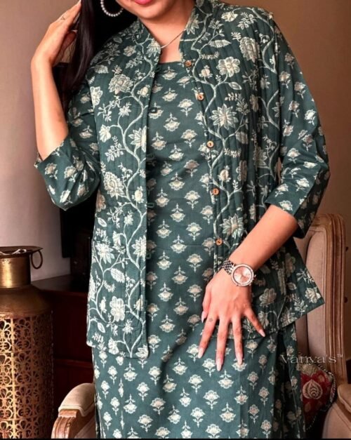 Winter collection of cotton kurti pant set with quilted cotton jacket - Image 7