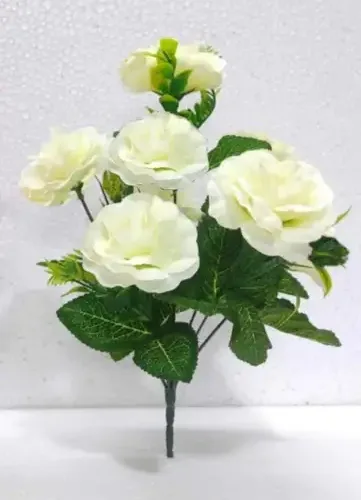 White Colour Rose Bunch for Home Décor Living Room Table Decoration Item (5 Flowers Head,) White Rose Artificial Flower (12 inch, Pack of 1) 9 | VastrMitr