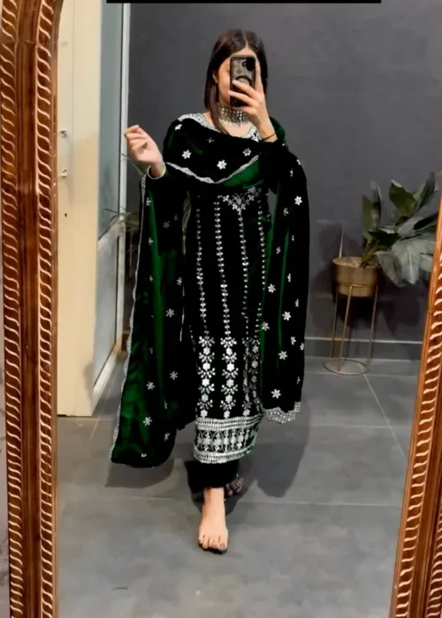Presenting New Velvet Top -Pent  Dupatta Set Fully Stitched Ready To Wear  - Image 3