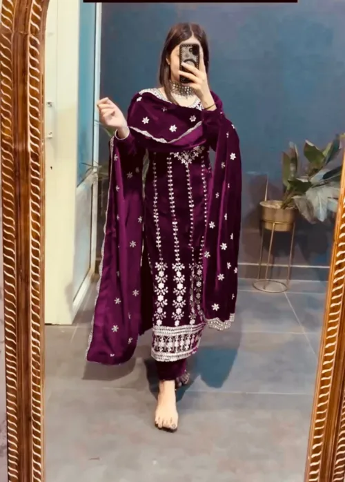 Presenting New Velvet Top -Pent  Dupatta Set Fully Stitched Ready To Wear 