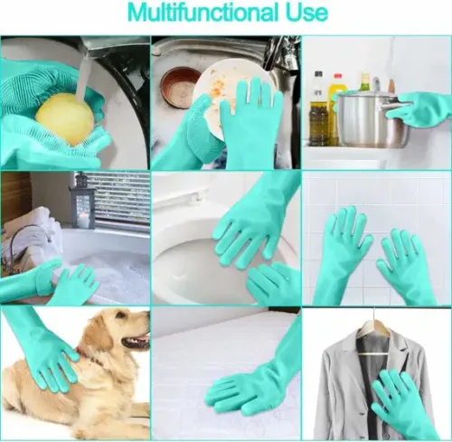 DCT silicone dish washing gloves with wash scrubber Wet and Dry Glove Set (Free Size Pack of 2) - Image 2