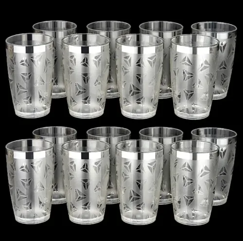 (Pack of 16) 100% Unbreakable Curved Shape Prism Pattern Water Juice Drinking Glasses Set Of 16 ( Clear,Plastic) Glass Set (300 ml, Plastic)