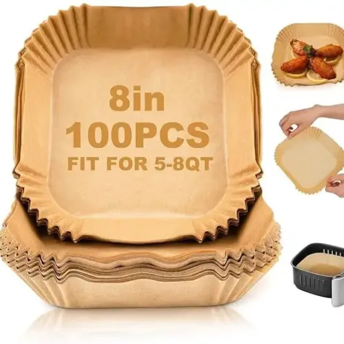 KESOL 100pc Square Air Fryer Disposable Paper Liner, Non-Stick Paper, Oil-Proof Tray (Pack of 100, Microwave Safe)