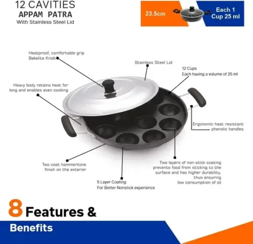 Pastosa Pan 23.5 cm diameter with Lid 0.1 L capacity (Aluminium, Non-stick) - Image 3