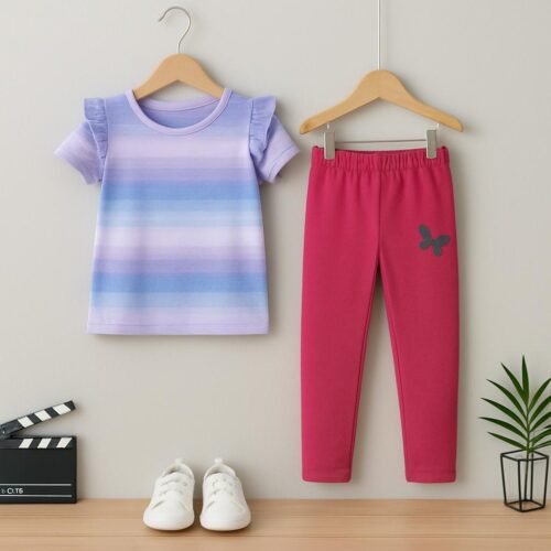 GIRLS HALF SLEEVE AOP T-SHIRTS WITH TRIM SLEEVES & BOTTOM LEGGINGS SET - Image 3