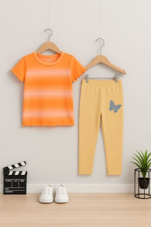 GIRLS HALF SLEEVE AOP T-SHIRTS WITH TRIM SLEEVES & BOTTOM LEGGINGS SET - Image 5