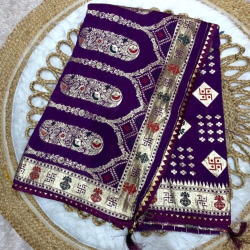 PREMIUM VISCOS DOLA SILK SAREE WITH VIRAL SWASTIK DESIGN WITH TASSELS WITH BUTTI BLOUSE