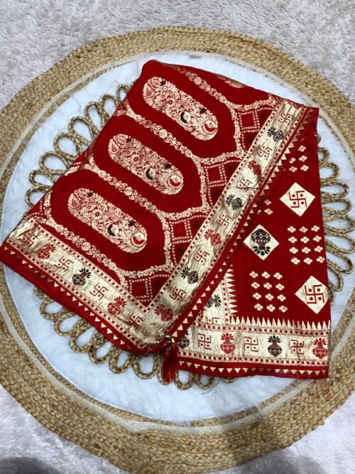 PREMIUM VISCOS DOLA SILK SAREE WITH VIRAL SWASTIK DESIGN WITH TASSELS WITH BUTTI BLOUSE - Image 3