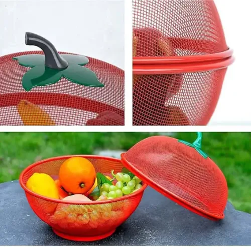 Fruits Basket For Kitchen Basket With Net Cover Steel Fruit & Vegetable Basket (Red) - Image 4