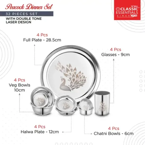 Classic Essentials Pack of 32 Stainless Steel Dinner Set|Serves 4 People|Heavy Gauge|Kitchen Set|Permanent Laser-Peacock Dinner Set (Silver) - Image 4