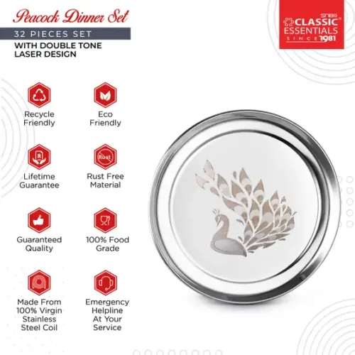 Classic Essentials Pack of 32 Stainless Steel Dinner Set|Serves 4 People|Heavy Gauge|Kitchen Set|Permanent Laser-Peacock Dinner Set (Silver) - Image 5