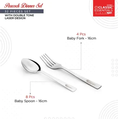 Classic Essentials Pack of 32 Stainless Steel Dinner Set|Serves 4 People|Heavy Gauge|Kitchen Set|Permanent Laser-Peacock Dinner Set (Silver) - Image 3