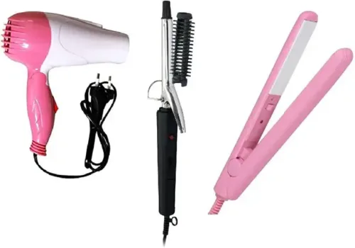 quktion hair dryer 1000 watt with 471 hair curler and mini hair straightener (multicolour) Hair Dryer (1000 W, pink, blue)