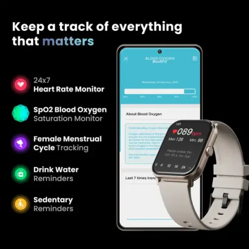 Boult Drift BT Calling HD Display, 140+ Watchfaces, Complete Health Monitoring Smartwatch (Beige Strap, Free Size) - Image 8