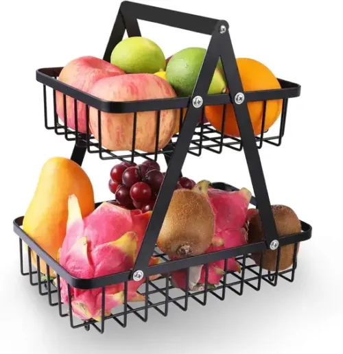 2 Tier Countertop Fruit Basket,Portable Fruit Bowle Basket for Kitchen Organizer Storage & Dining Room Fruits Vegetable Iron Fruit & Vegetable Basket (Black)