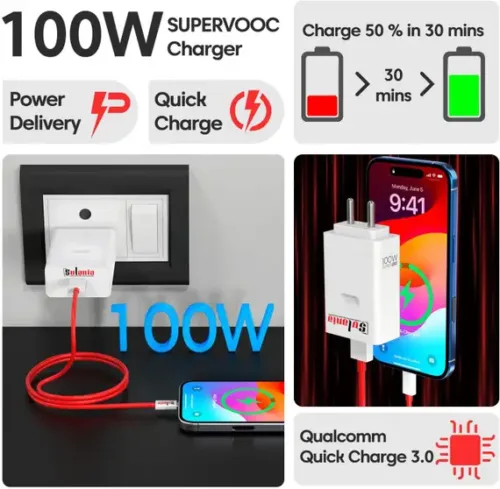 100W SuperVOOC Fast Single Port All Charging Technology Support 9 A Mobile Charger with Detachable Cable (White, Red) - Image 3