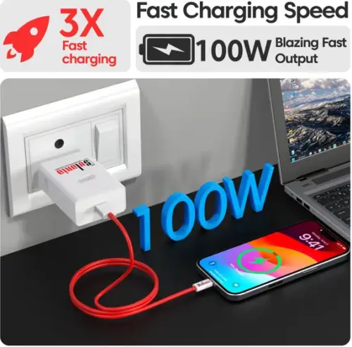 100W SuperVOOC Fast Single Port All Charging Technology Support 9 A Mobile Charger with Detachable Cable (White, Red) - Image 4